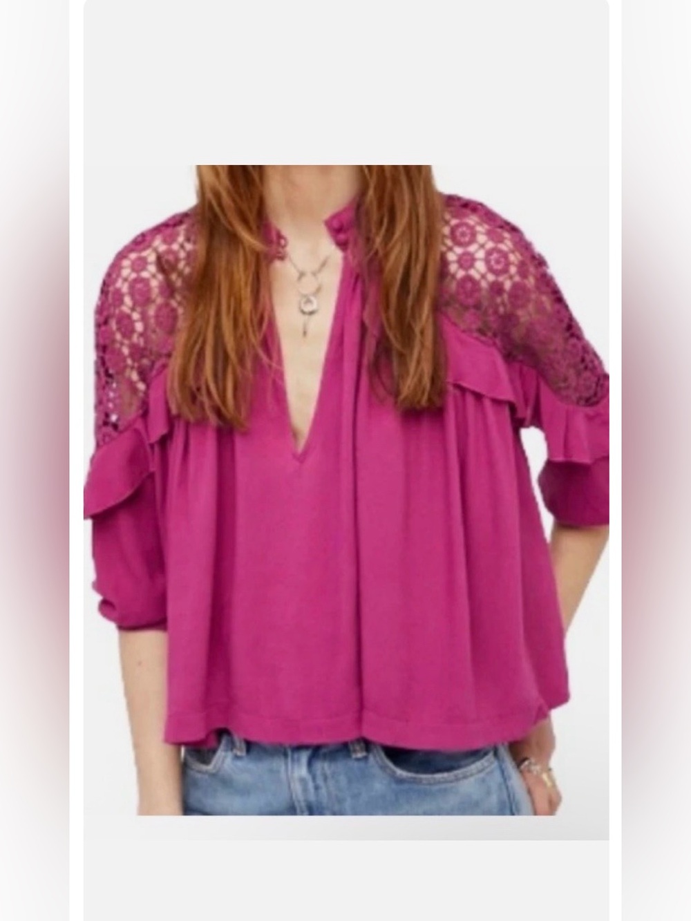 Free people Raspberry Pink Little Bit Of Love Lace Shoulder Ruffle Blouse size L